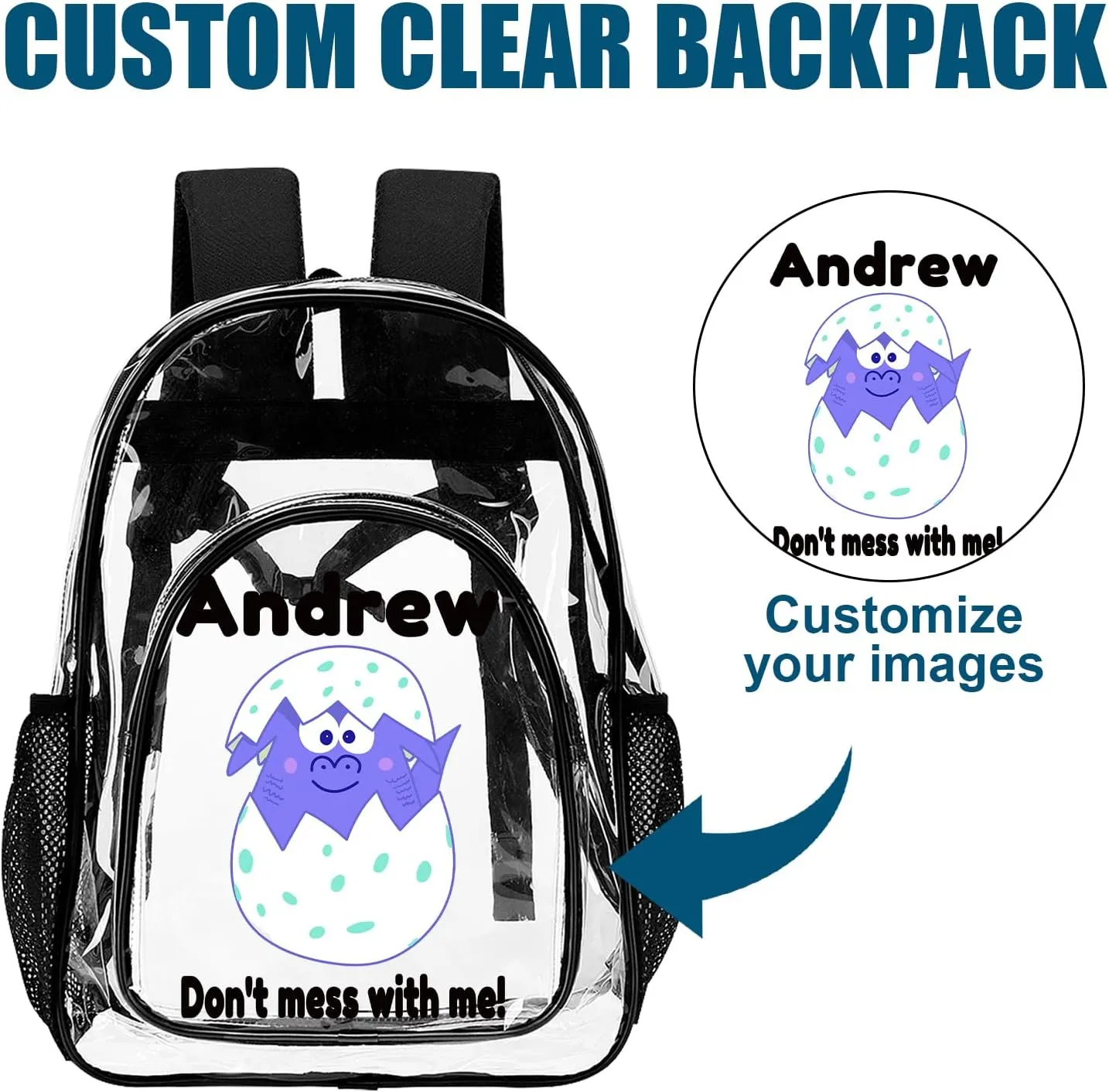 Personalized Clear School Backpack for Girls, Custom Cute Cartoon Dinosaur Pattern Backpacks with Name, TPU Waterproof Transparent Bookbag Suitable for Kids Boys, Best Back to School Gifts