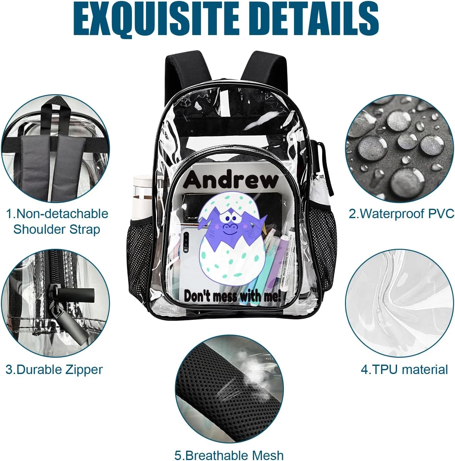 Personalized Clear School Backpack for Girls, Custom Cute Cartoon Dinosaur Pattern Backpacks with Name, TPU Waterproof Transparent Bookbag Suitable for Kids Boys, Best Back to School Gifts