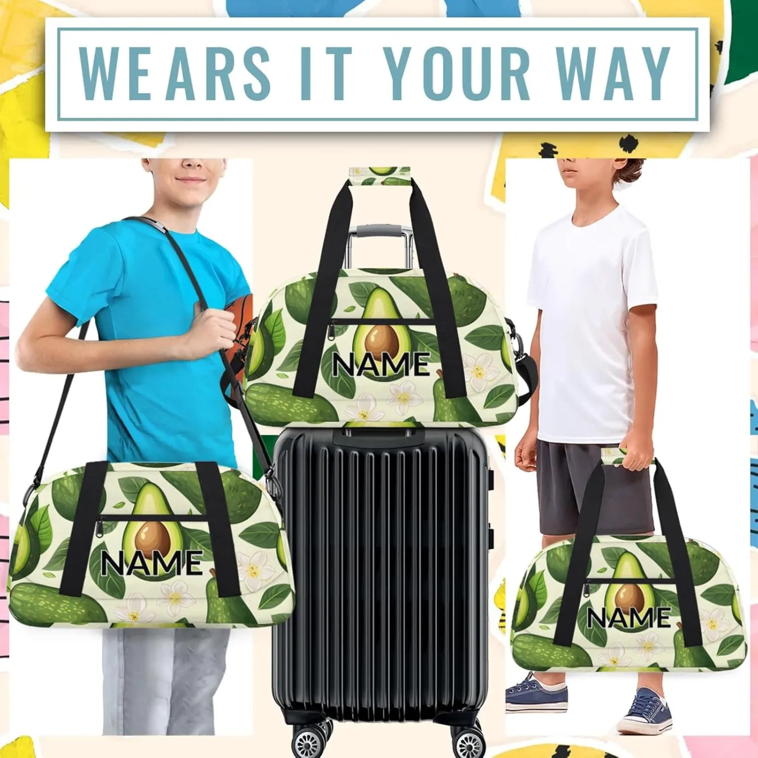 Personalized Custom Avocado Gym Bag for Women Men Carry on Travel Duffel Tote Cute Fruit Overnight Workout Weekender Bag