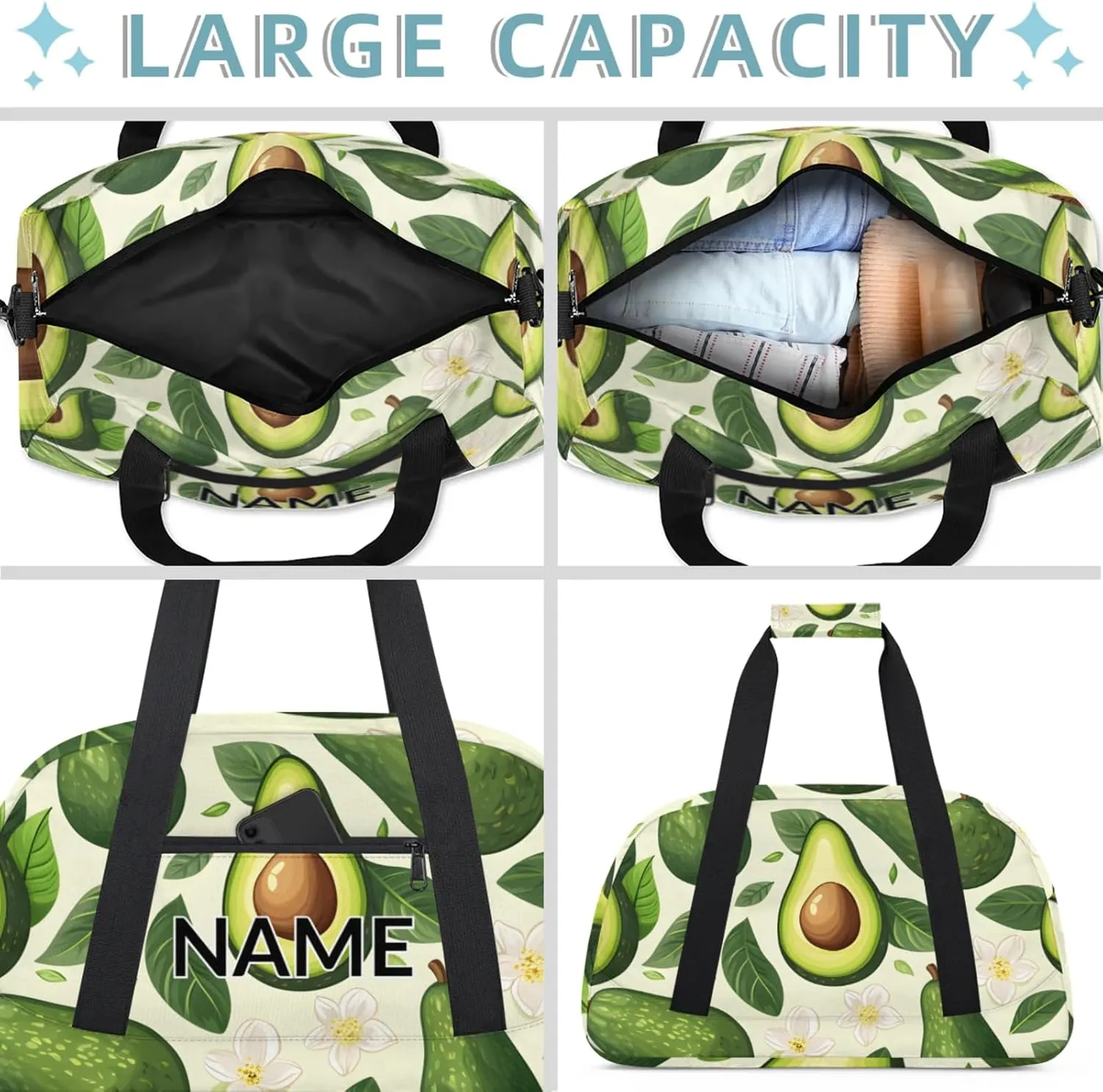 Personalized Custom Avocado Gym Bag for Women Men Carry on Travel Duffel Tote Cute Fruit Overnight Workout Weekender Bag