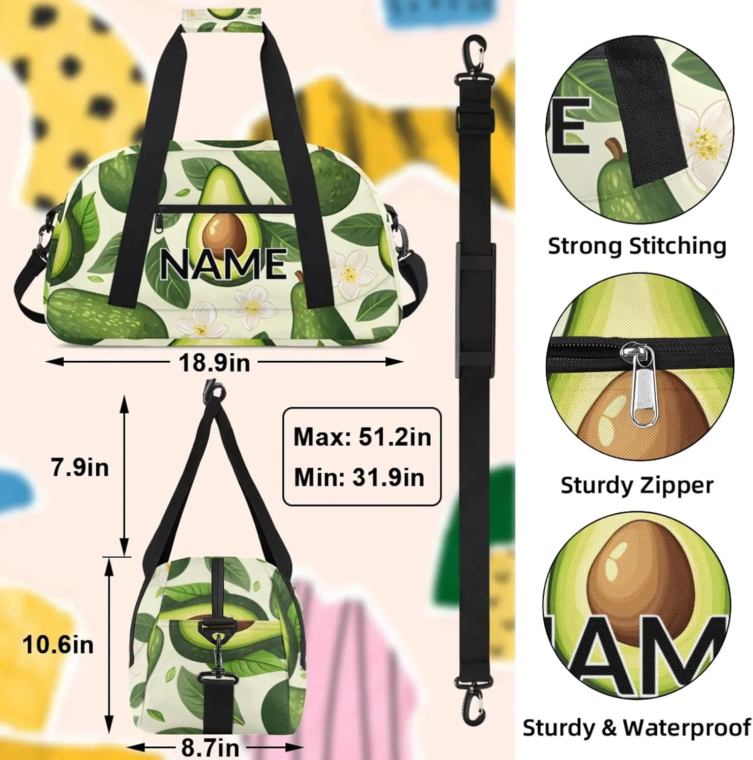 Personalized Custom Avocado Gym Bag for Women Men Carry on Travel Duffel Tote Cute Fruit Overnight Workout Weekender Bag
