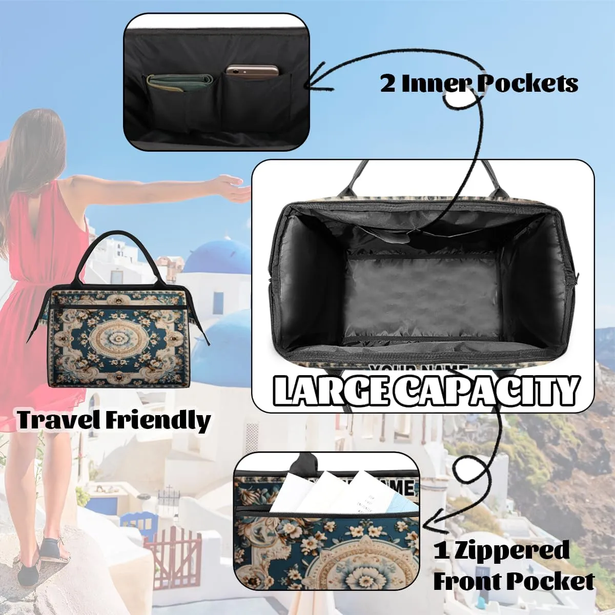 Personalized Custom Duffel Bags for Women Men, Personalized Customized Travel Duffel Bag, Waterproof Sports Gym Bag Weekender Overnight Bag Carry On Tote Bag, Carpet Flowers Patterns