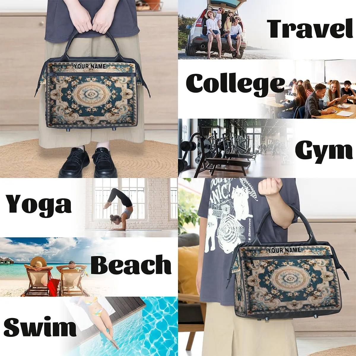 Personalized Custom Duffel Bags for Women Men, Personalized Customized Travel Duffel Bag, Waterproof Sports Gym Bag Weekender Overnight Bag Carry On Tote Bag, Carpet Flowers Patterns