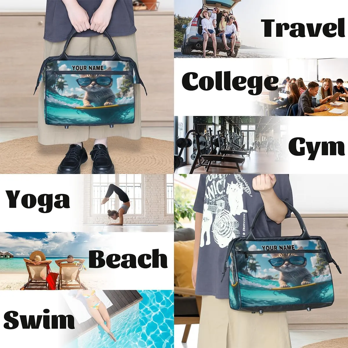 Personalized Custom Duffel Bags for Women Men, Personalized Customized Travel Duffel Bag, Waterproof Sports Gym Bag Weekender Overnight Bag Carry On Tote Bag, Cute Animal Cats Glasses