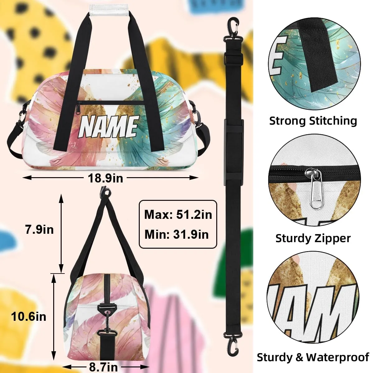 Personalized Custom Gym Bag for Women Men Carry on Angel Wings Travel Duffel Tote Fairy Colorful Overnight Workout Weekender Bag