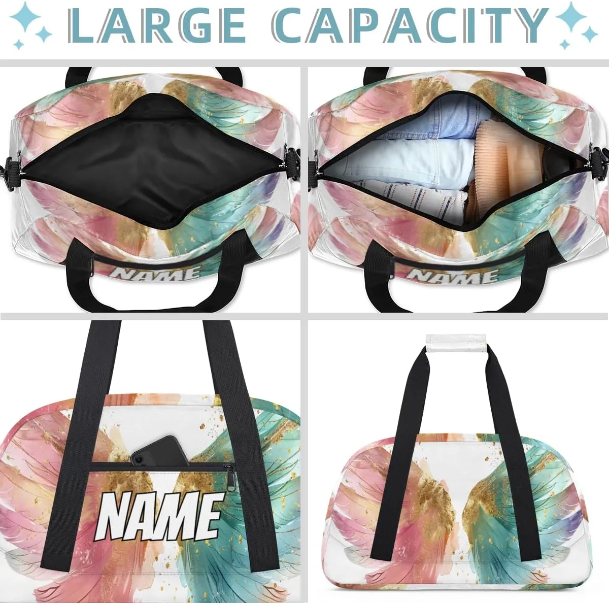 Personalized Custom Gym Bag for Women Men Carry on Angel Wings Travel Duffel Tote Fairy Colorful Overnight Workout Weekender Bag
