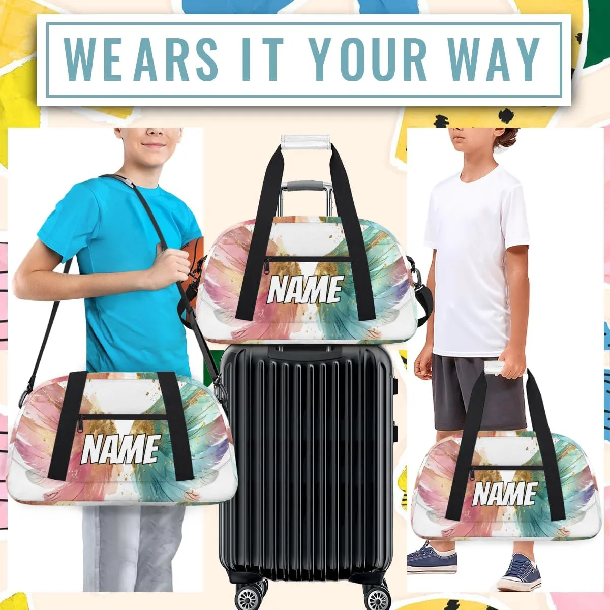 Personalized Custom Gym Bag for Women Men Carry on Angel Wings Travel Duffel Tote Fairy Colorful Overnight Workout Weekender Bag