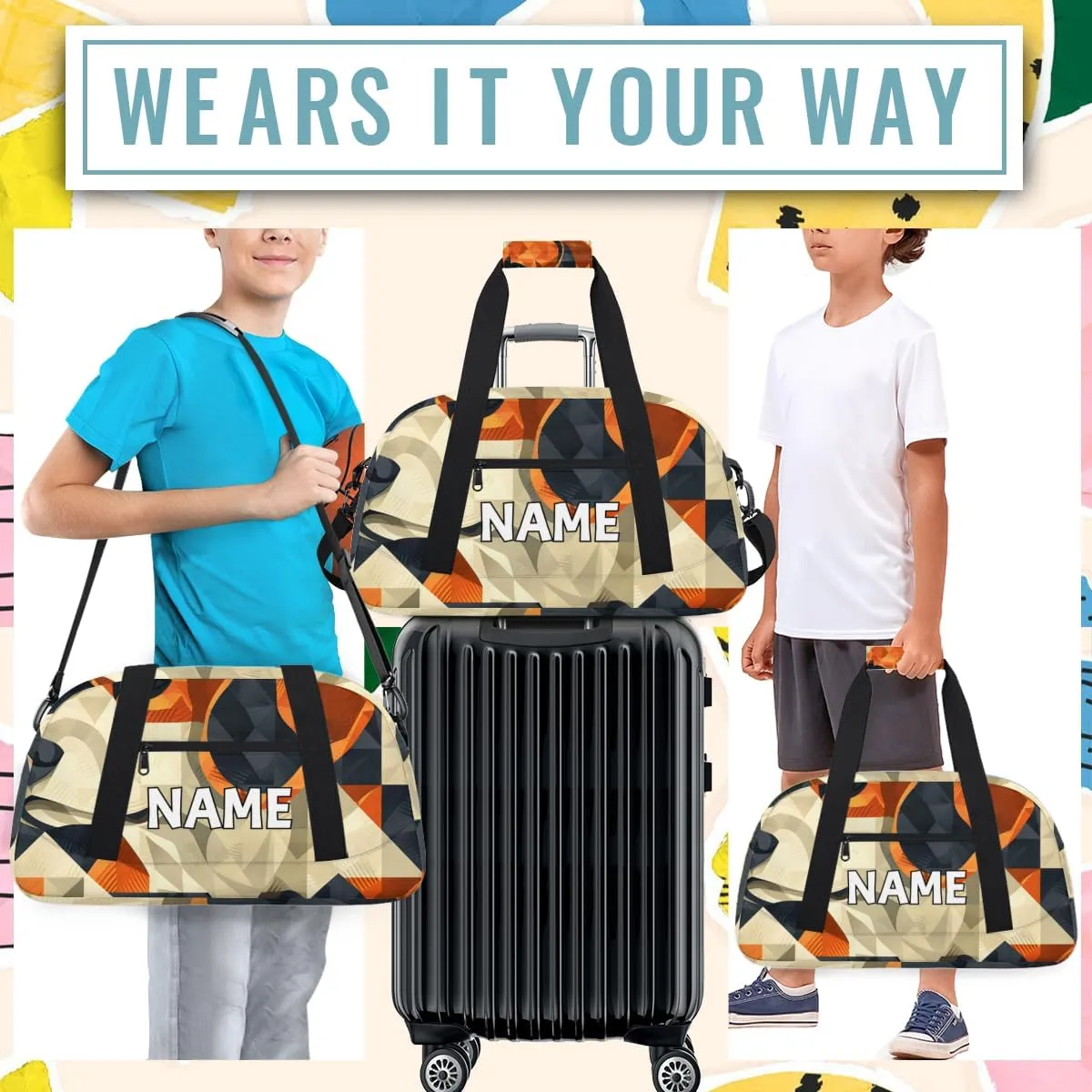 Personalized Custom Gym Bag for Women Men Carry on Animals Dogs Travel Duffel Tote Abstract Tile Overnight Workout Weekender Bag
