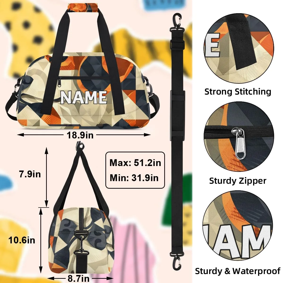 Personalized Custom Gym Bag for Women Men Carry on Animals Dogs Travel Duffel Tote Abstract Tile Overnight Workout Weekender Bag