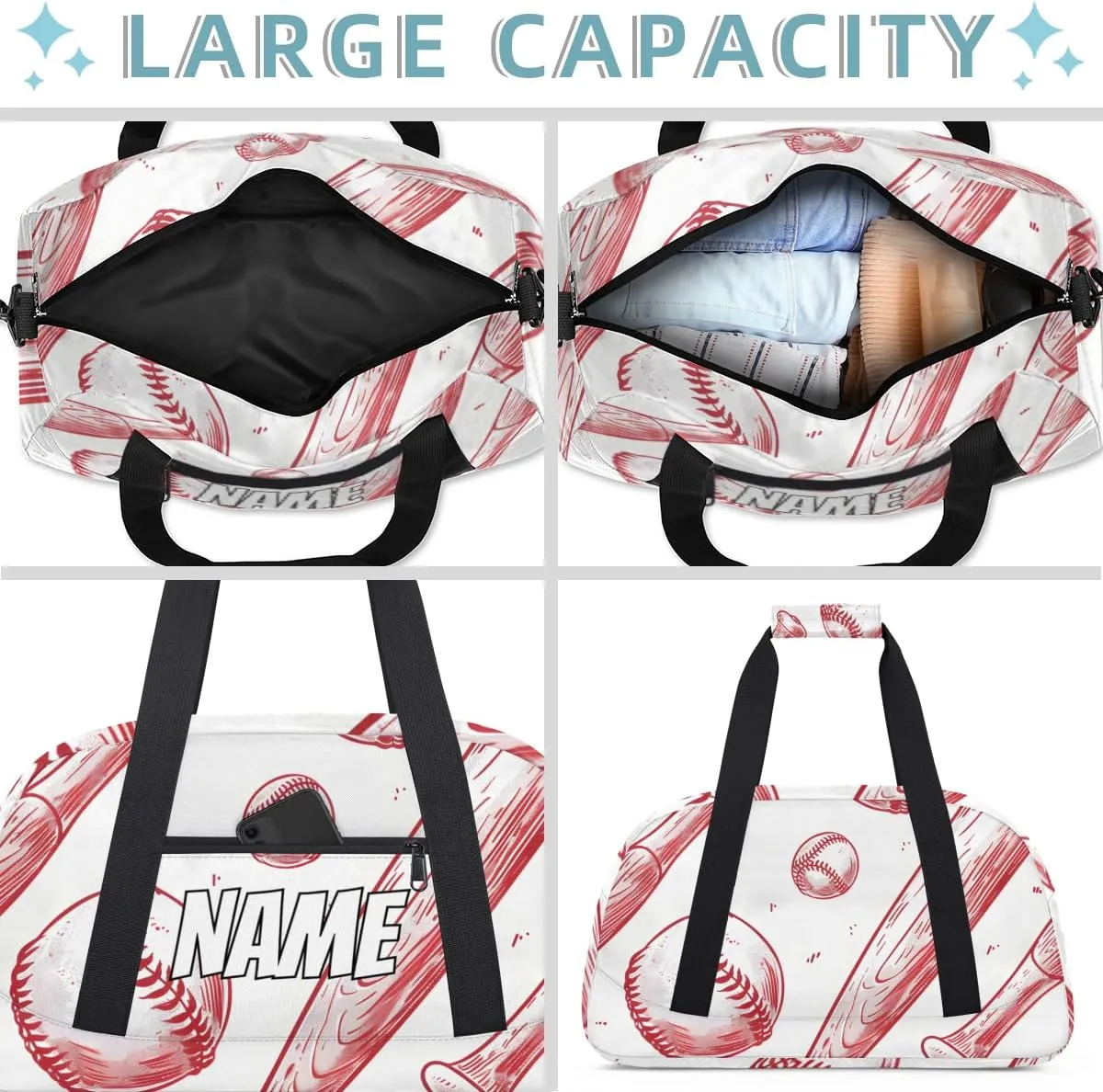 Personalized Custom Gym Bag for Women Men Carry on Baseball Sports Travel Duffel Tote Wooden Bat Overnight Workout Weekender Bag