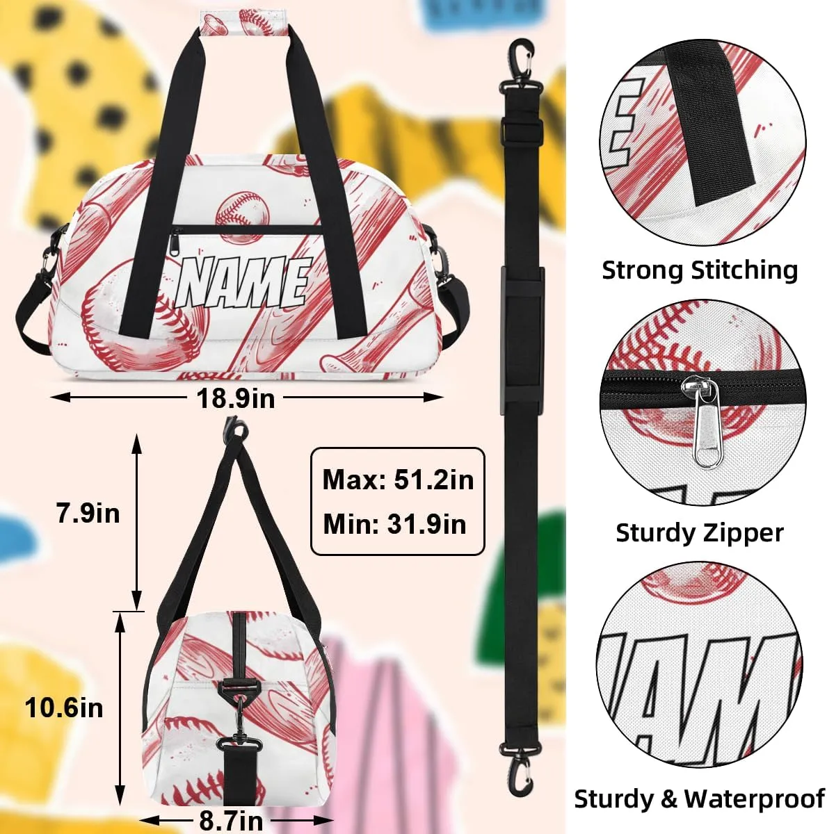 Personalized Custom Gym Bag for Women Men Carry on Baseball Sports Travel Duffel Tote Wooden Bat Overnight Workout Weekender Bag