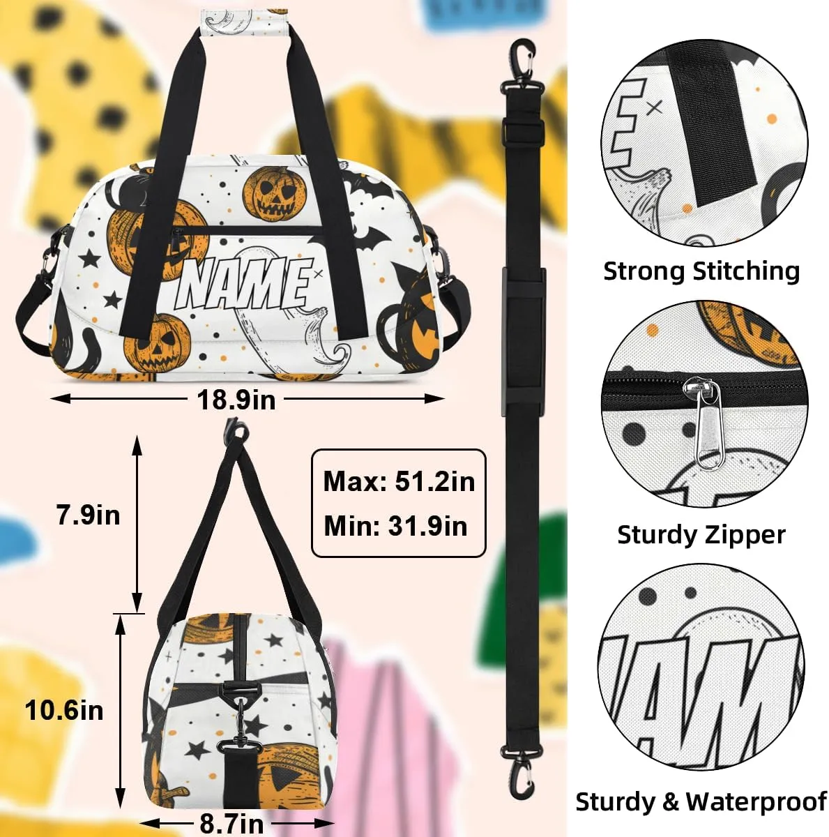 Personalized Custom Gym Bag for Women Men Carry on Cartoon Ghost Travel Duffel Tote Halloween Pumpkin Overnight Workout Weekender Bag