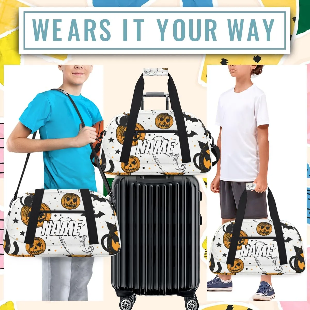 Personalized Custom Gym Bag for Women Men Carry on Cartoon Ghost Travel Duffel Tote Halloween Pumpkin Overnight Workout Weekender Bag