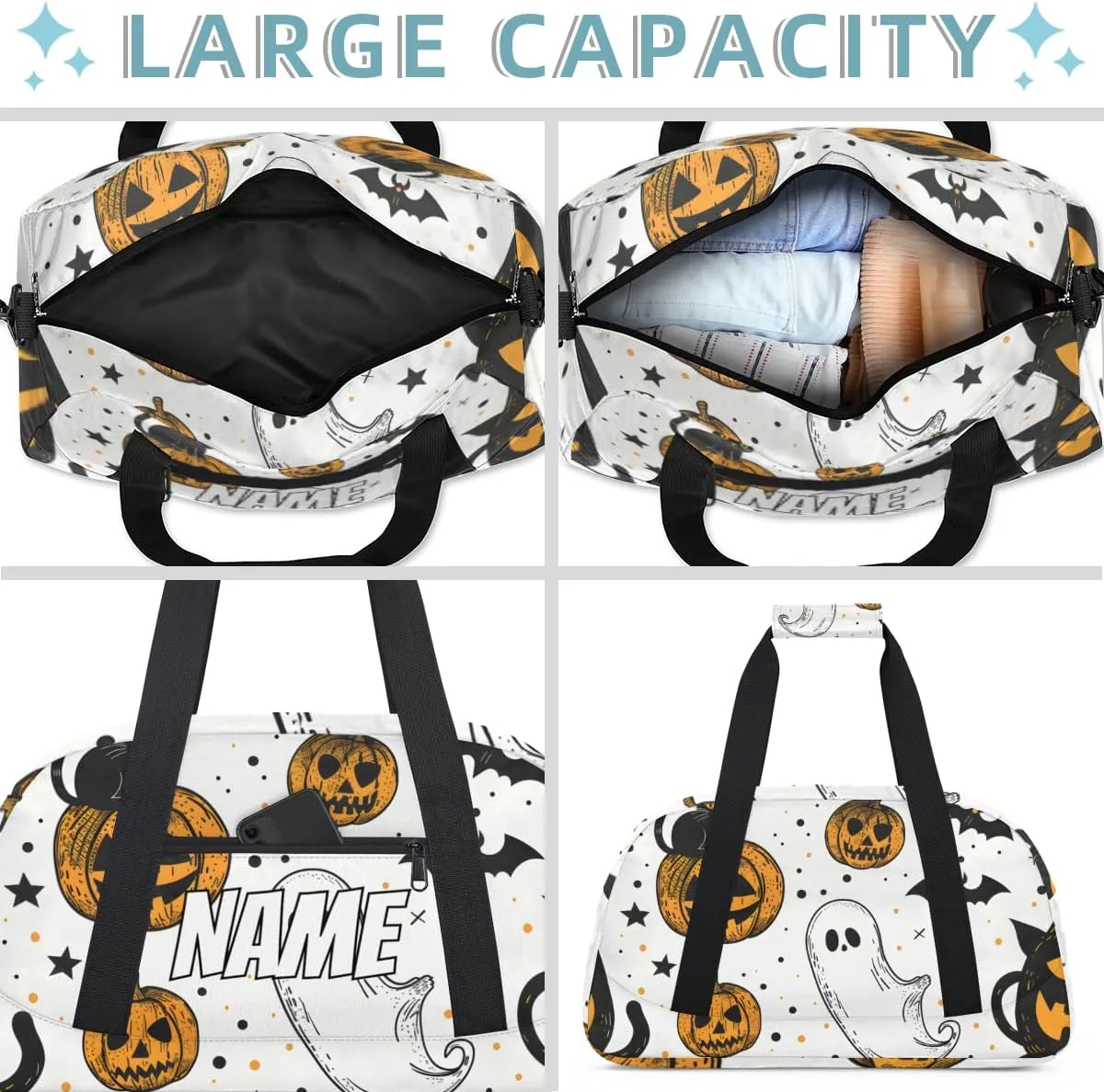 Personalized Custom Gym Bag for Women Men Carry on Cartoon Ghost Travel Duffel Tote Halloween Pumpkin Overnight Workout Weekender Bag