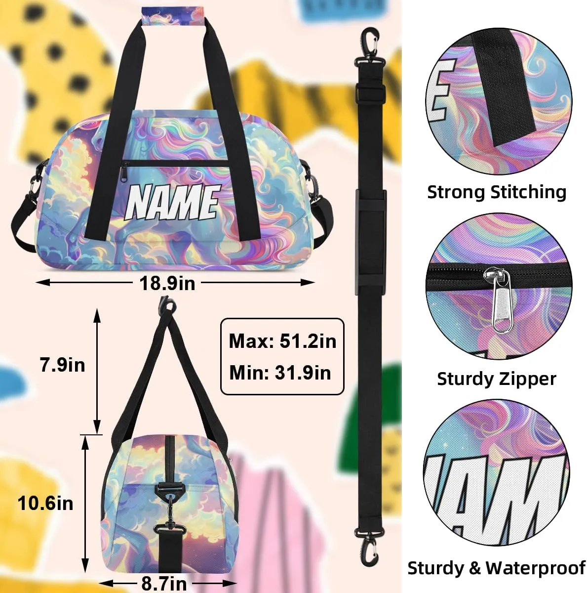Personalized Custom Gym Bag for Women Men Carry on Fantasy Unicorn Travel Duffel Tote Sky Rainbow Overnight Workout Weekender Bag