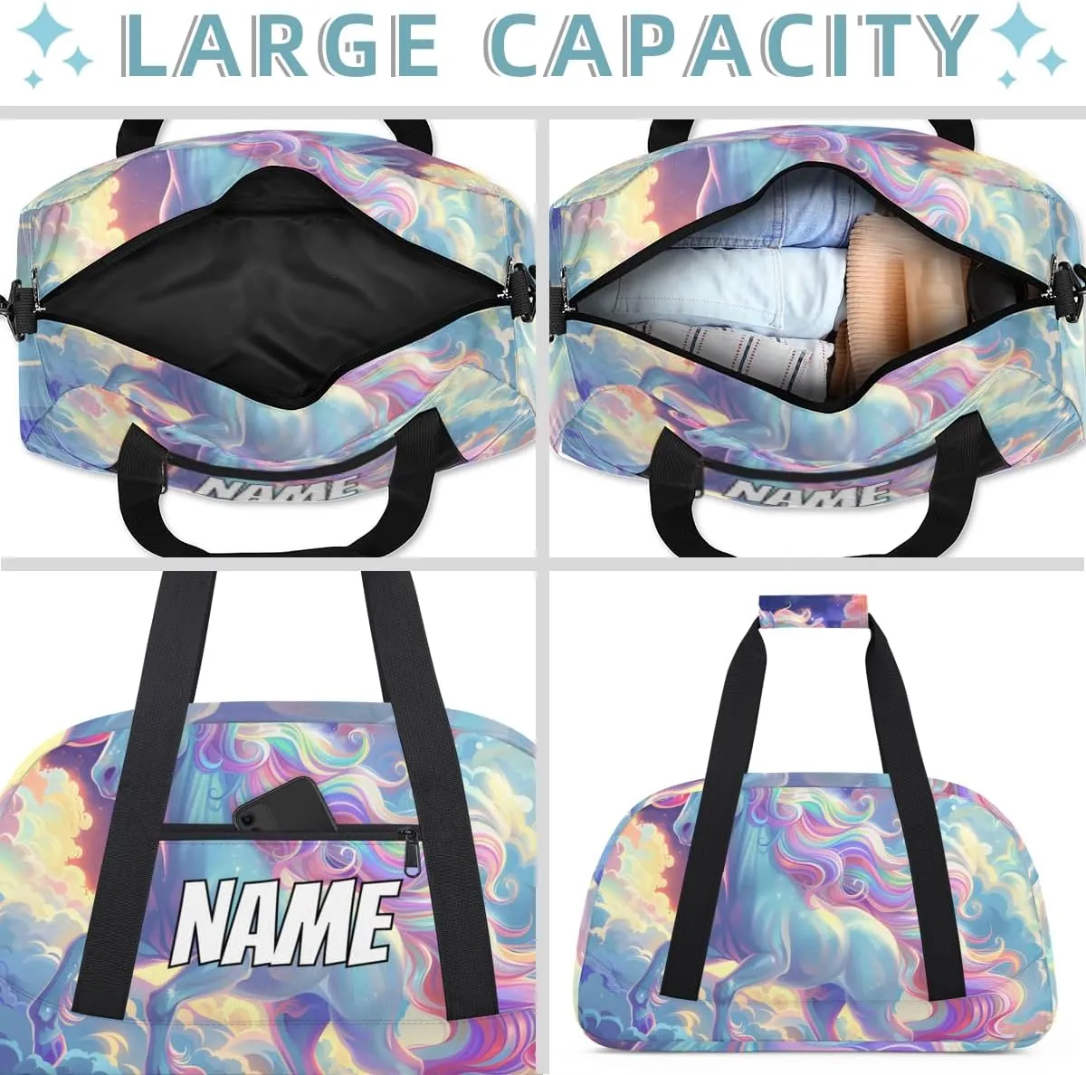 Personalized Custom Gym Bag for Women Men Carry on Fantasy Unicorn Travel Duffel Tote Sky Rainbow Overnight Workout Weekender Bag