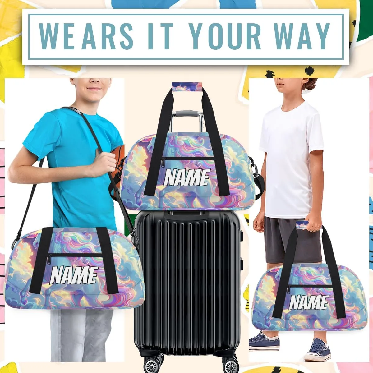 Personalized Custom Gym Bag for Women Men Carry on Fantasy Unicorn Travel Duffel Tote Sky Rainbow Overnight Workout Weekender Bag
