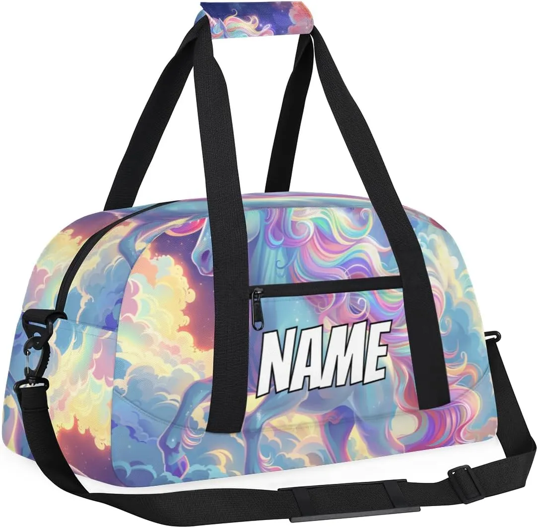 Personalized Custom Gym Bag for Women Men Carry on Fantasy Unicorn Travel Duffel Tote Sky Rainbow Overnight Workout Weekender Bag