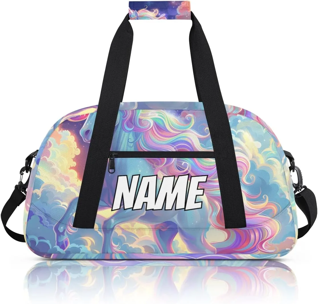 Personalized Custom Gym Bag for Women Men Carry on Fantasy Unicorn Travel Duffel Tote Sky Rainbow Overnight Workout Weekender Bag