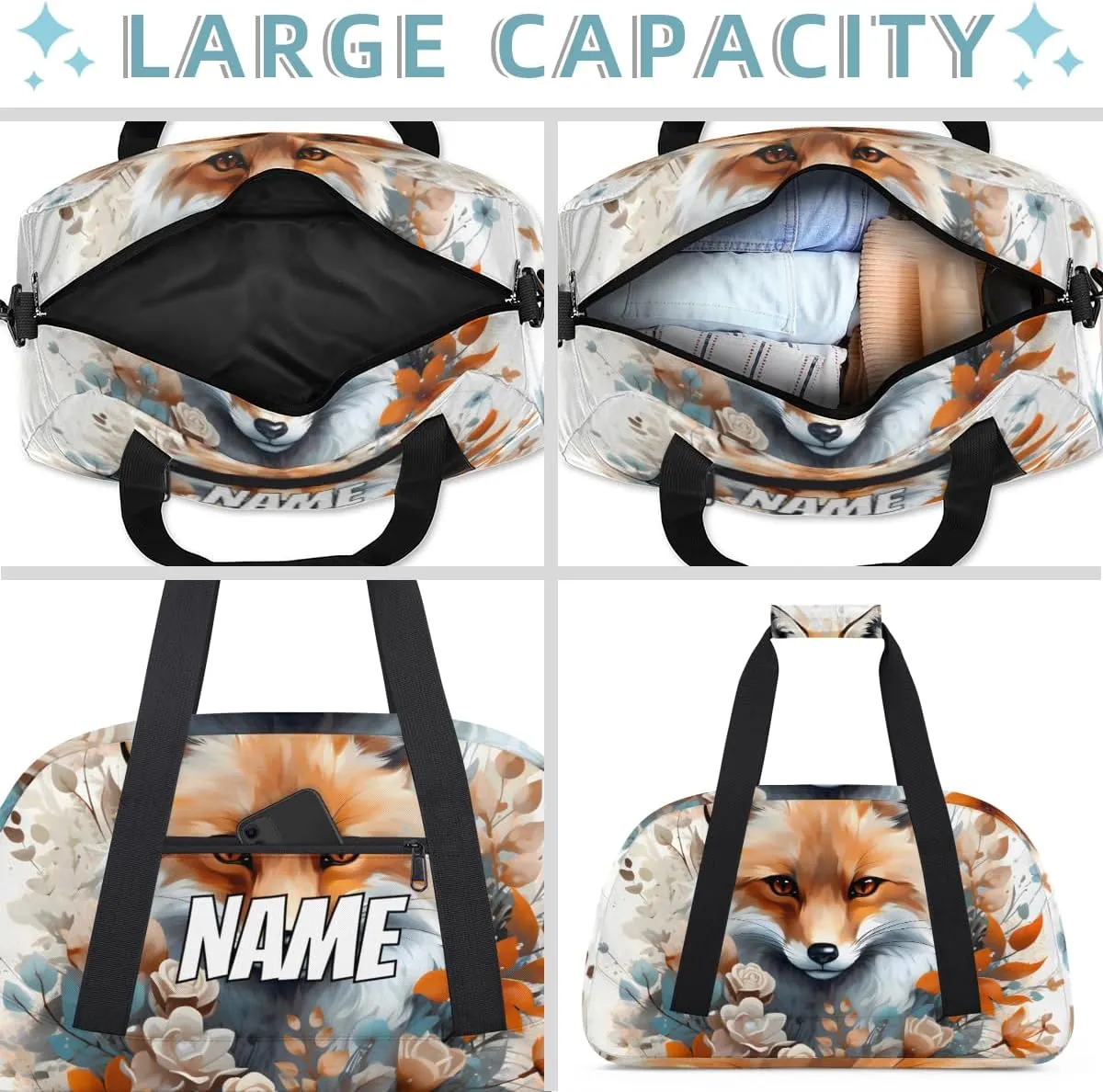 Personalized Custom Gym Bag for Women Men Carry on Forest Fox Travel Duffel Tote Wildlife Animals Overnight Workout Weekender Bag