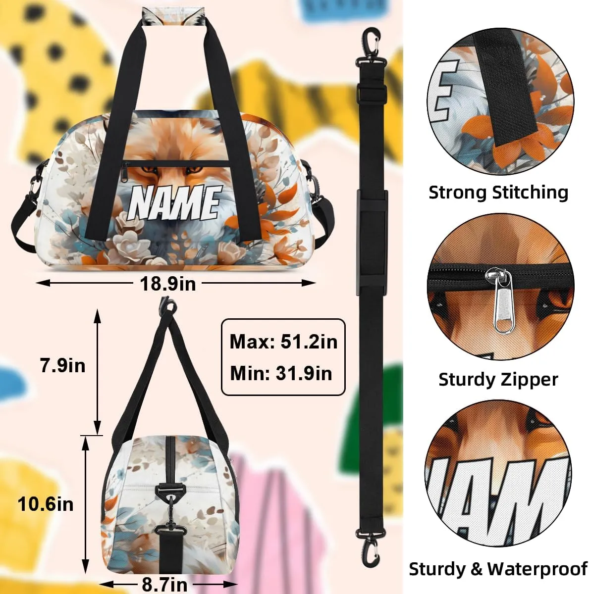 Personalized Custom Gym Bag for Women Men Carry on Forest Fox Travel Duffel Tote Wildlife Animals Overnight Workout Weekender Bag