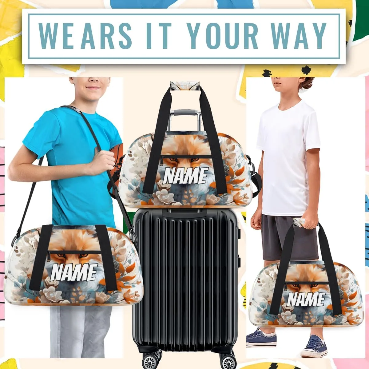 Personalized Custom Gym Bag for Women Men Carry on Forest Fox Travel Duffel Tote Wildlife Animals Overnight Workout Weekender Bag