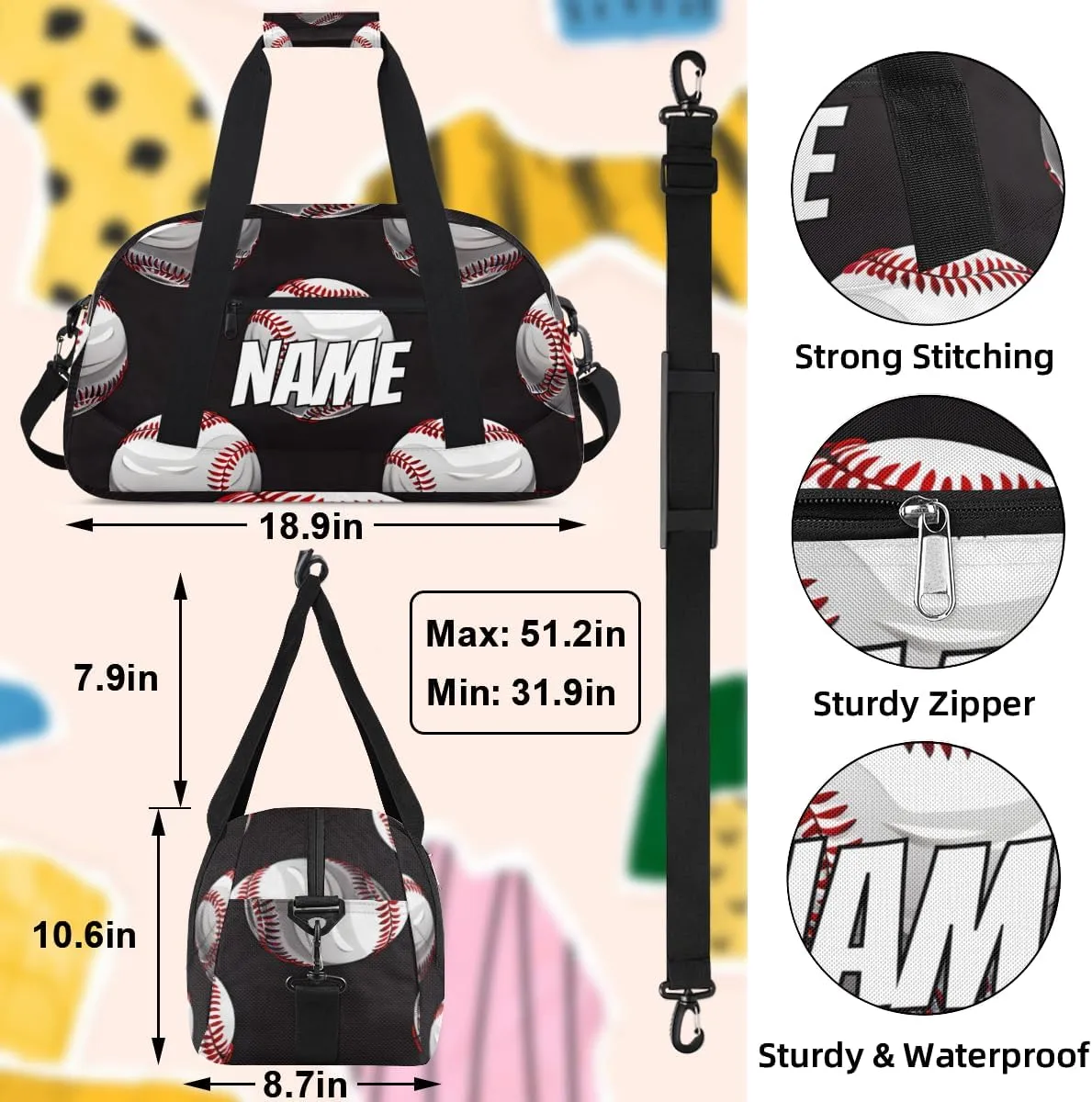 Personalized Custom Gym Bag for Women Men Carry on Funny Baseball Travel Duffel Tote Cool Sports Overnight Workout Weekender Bag
