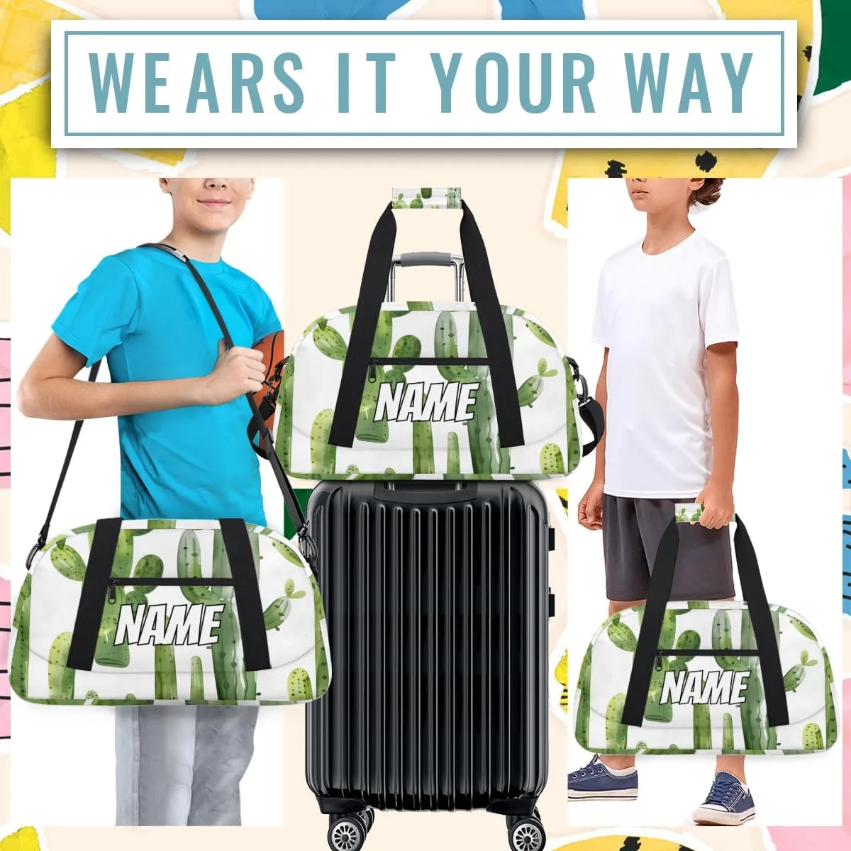 Personalized Custom Gym Bag for Women Men Carry on Green Cactus Travel Duffel Tote Tropical Green Plant Overnight Workout Weekender Bag