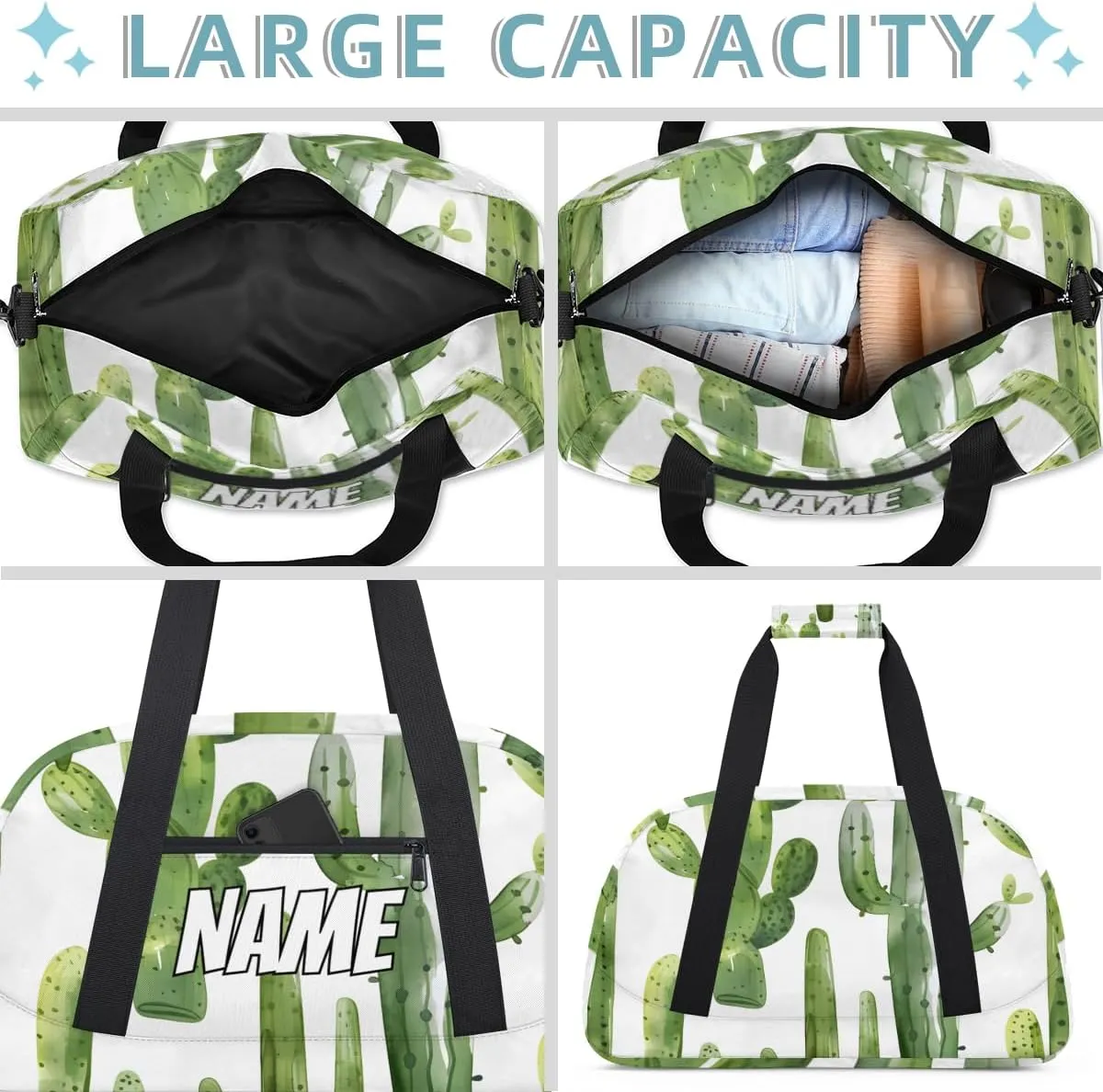 Personalized Custom Gym Bag for Women Men Carry on Green Cactus Travel Duffel Tote Tropical Green Plant Overnight Workout Weekender Bag