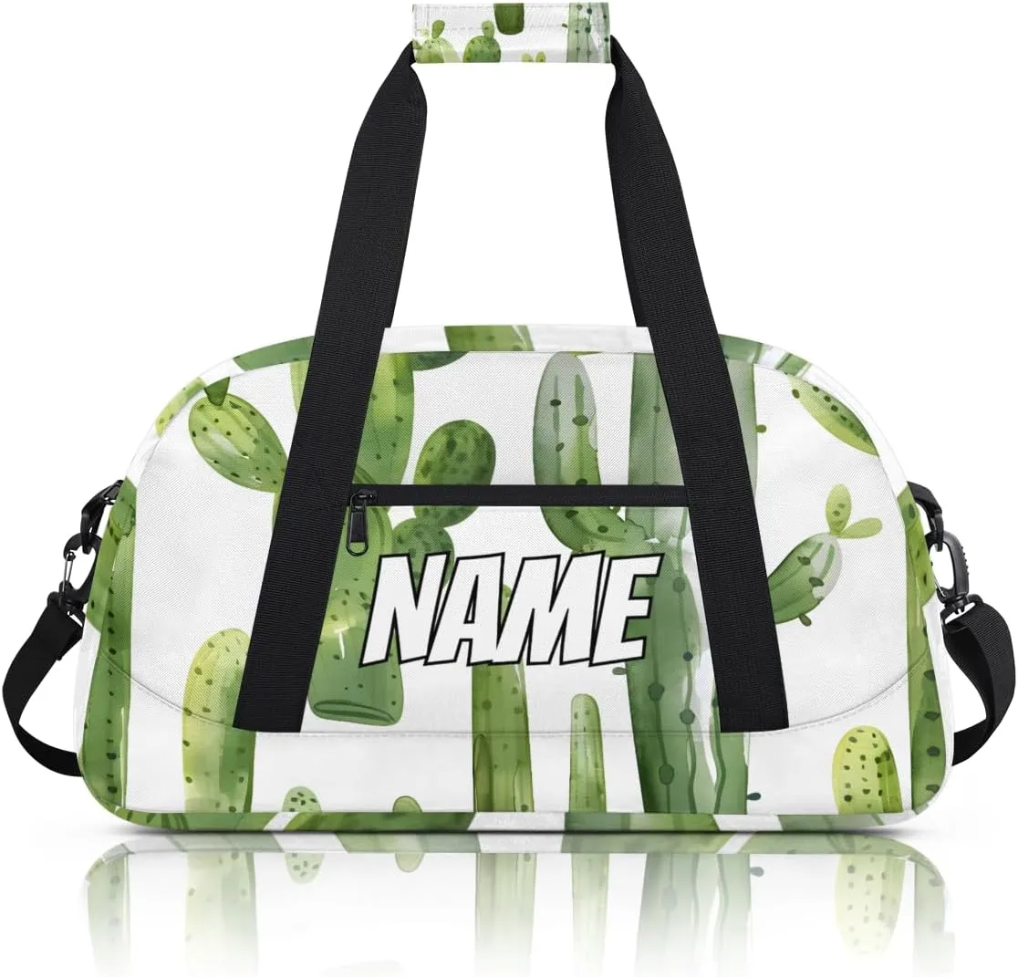 Personalized Custom Gym Bag for Women Men Carry on Green Cactus Travel Duffel Tote Tropical Green Plant Overnight Workout Weekender Bag