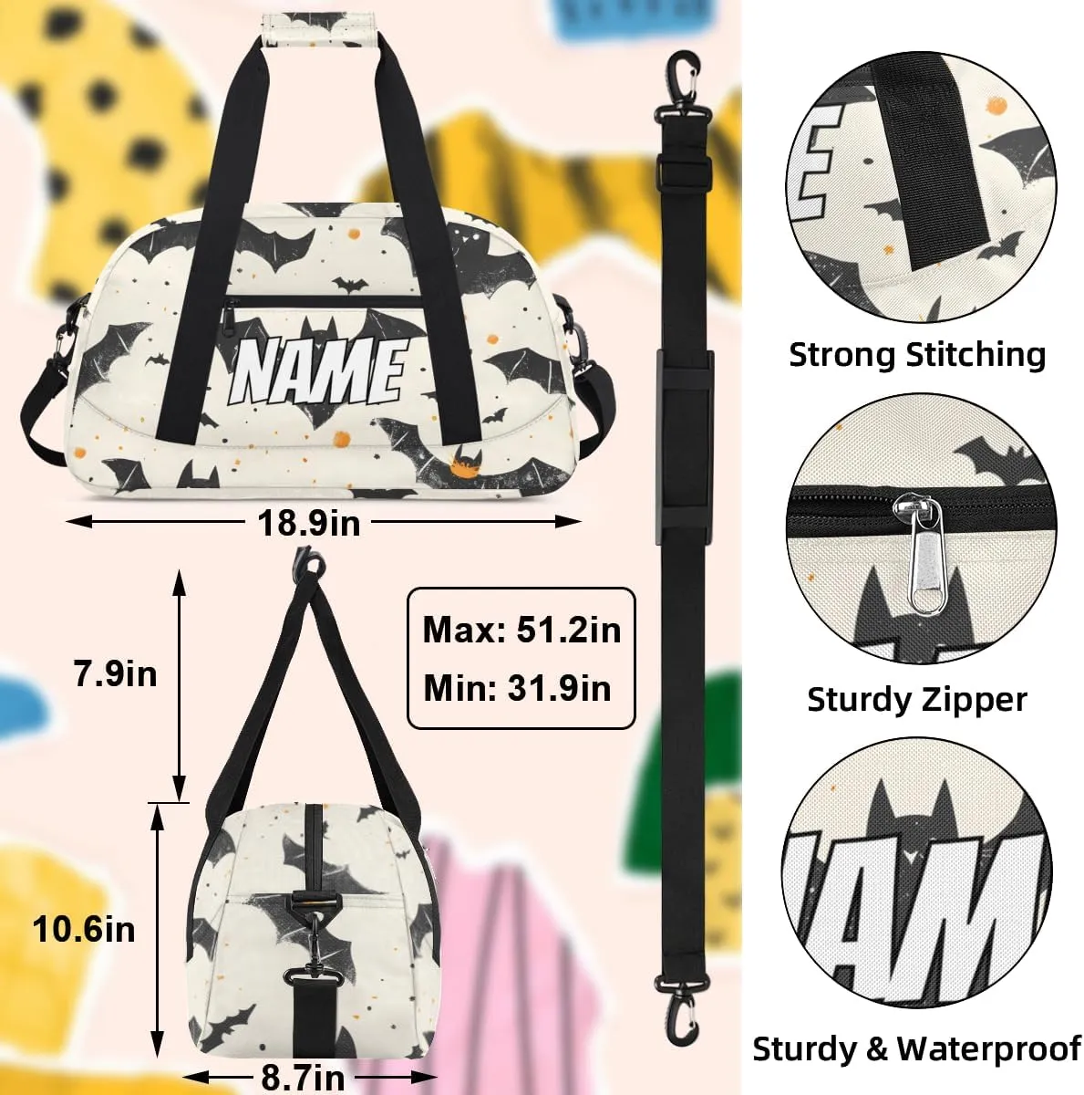 Personalized Custom Gym Bag for Women Men Carry on Halloween Bat Travel Duffel Tote Scary Black Overnight Workout Weekender Bag