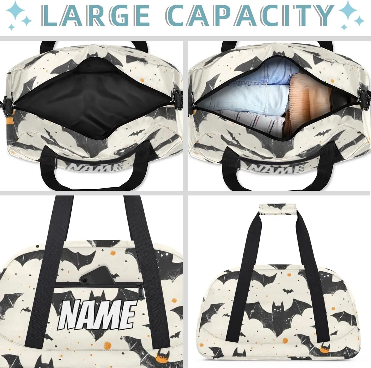 Personalized Custom Gym Bag for Women Men Carry on Halloween Bat Travel Duffel Tote Scary Black Overnight Workout Weekender Bag