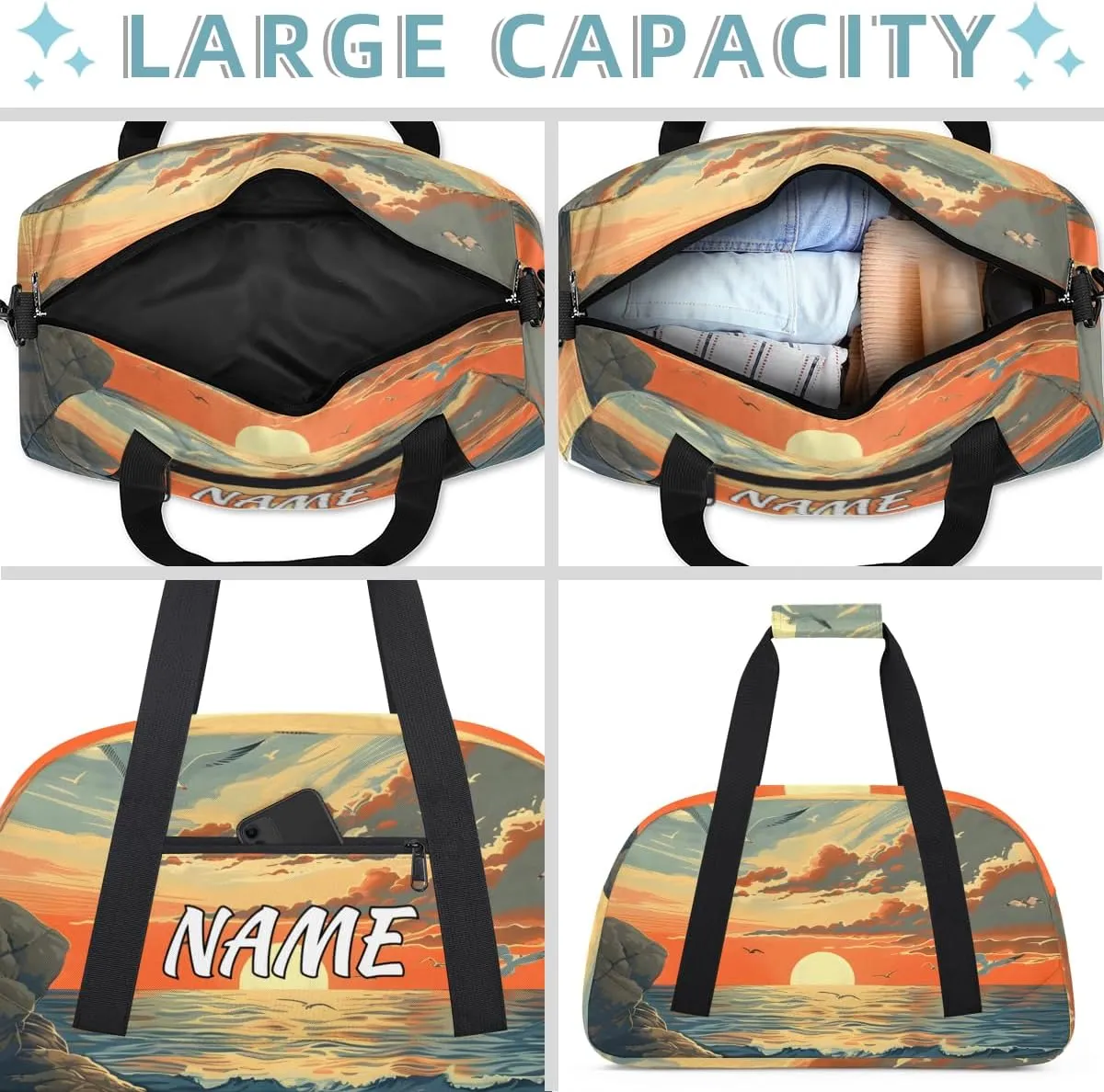 Personalized Custom Gym Bag for Women Men Carry on Landscape Beach Travel Duffel Tote Sunset Seagull Overnight Workout Weekender Bag