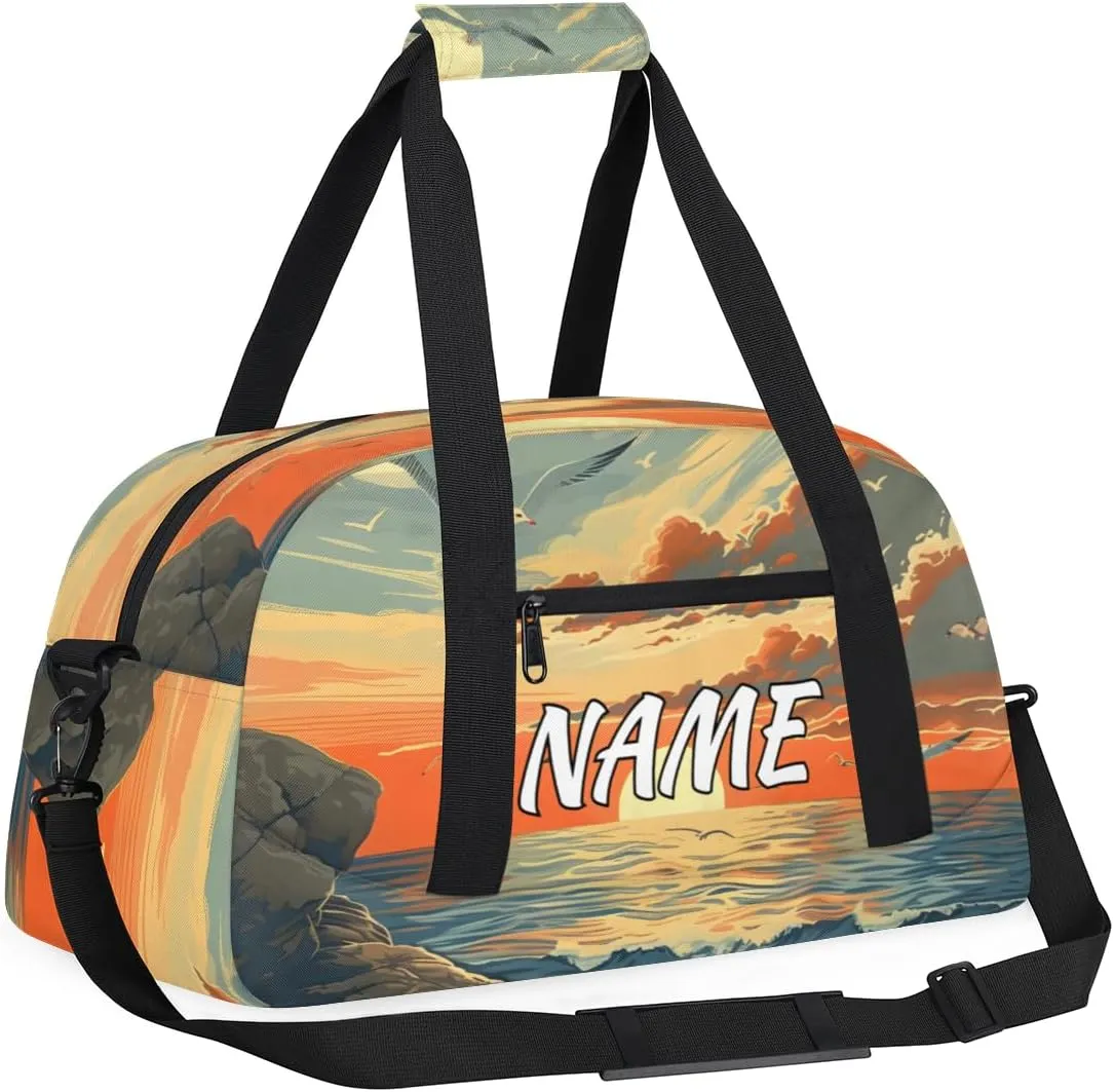 Personalized Custom Gym Bag for Women Men Carry on Landscape Beach Travel Duffel Tote Sunset Seagull Overnight Workout Weekender Bag