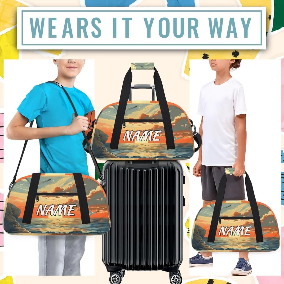 Personalized Custom Gym Bag for Women Men Carry on Landscape Beach Travel Duffel Tote Sunset Seagull Overnight Workout Weekender Bag