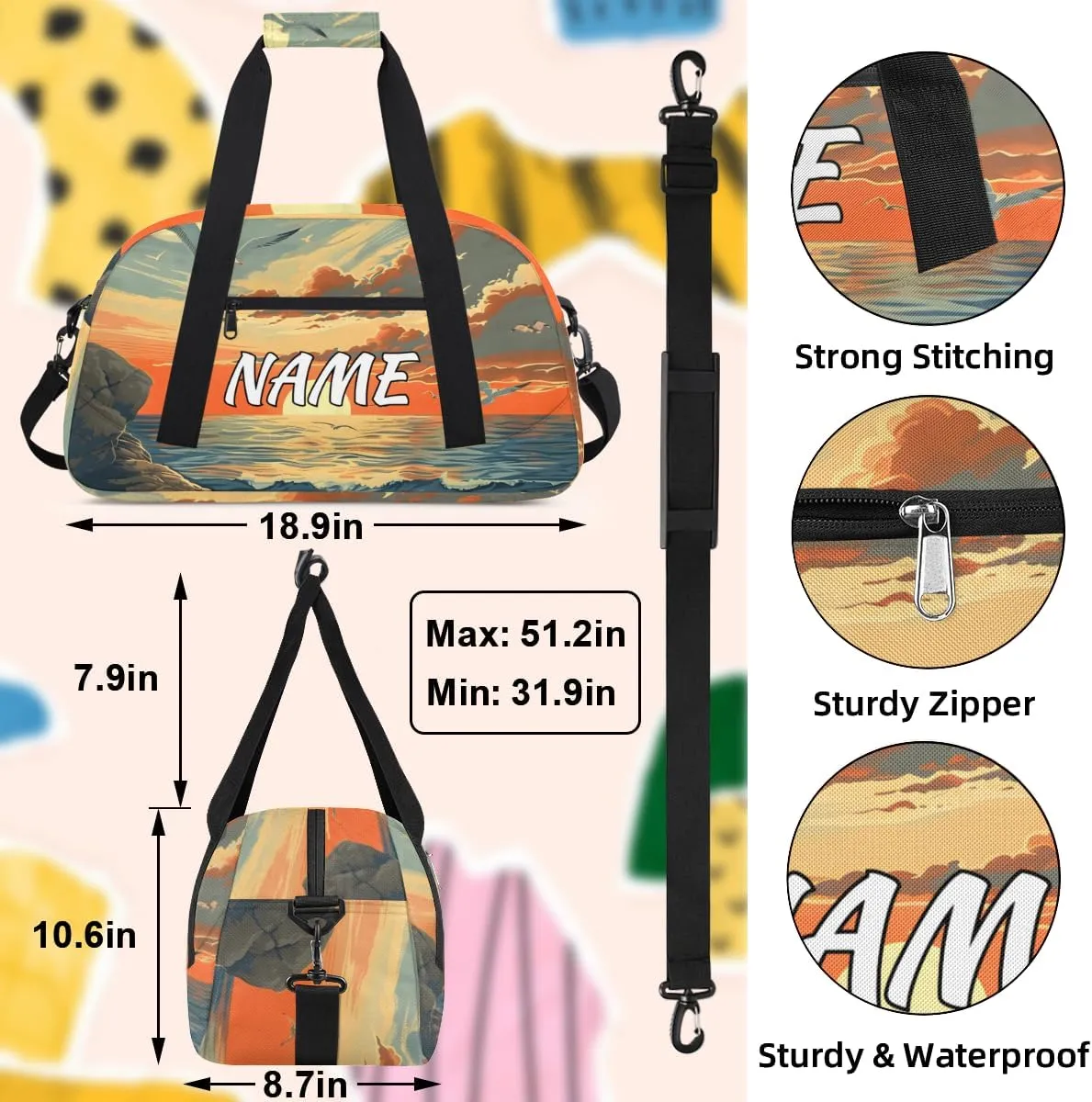 Personalized Custom Gym Bag for Women Men Carry on Landscape Beach Travel Duffel Tote Sunset Seagull Overnight Workout Weekender Bag
