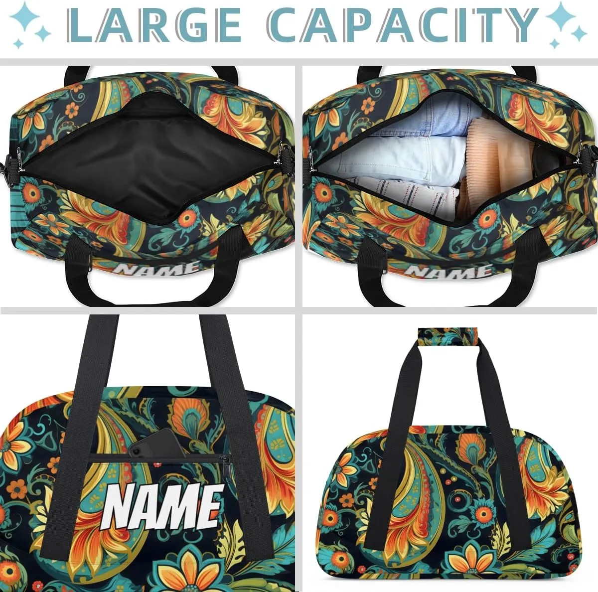 Personalized Custom Gym Bag for Women Men Carry on Paisley Flower Travel Duffel Tote Boho Floral Overnight Workout Weekender Bag