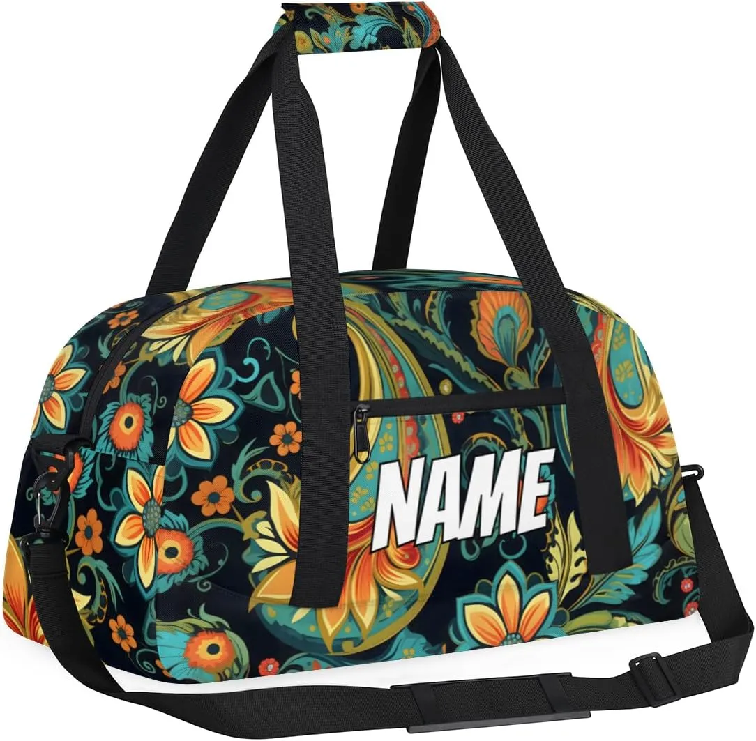 Personalized Custom Gym Bag for Women Men Carry on Paisley Flower Travel Duffel Tote Boho Floral Overnight Workout Weekender Bag