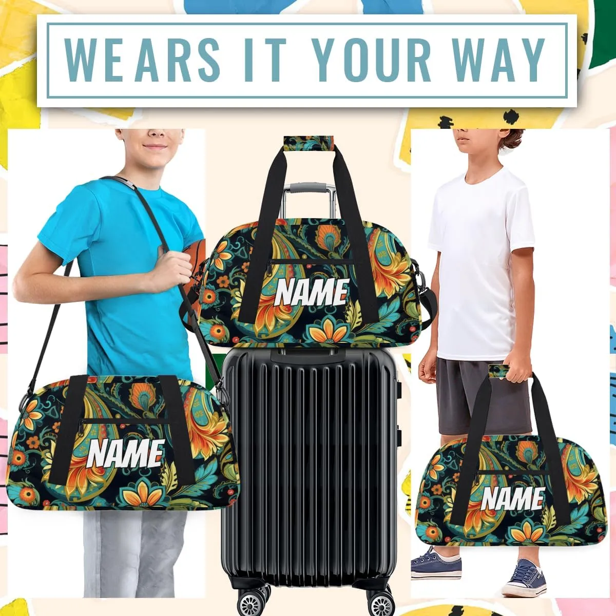 Personalized Custom Gym Bag for Women Men Carry on Paisley Flower Travel Duffel Tote Boho Floral Overnight Workout Weekender Bag