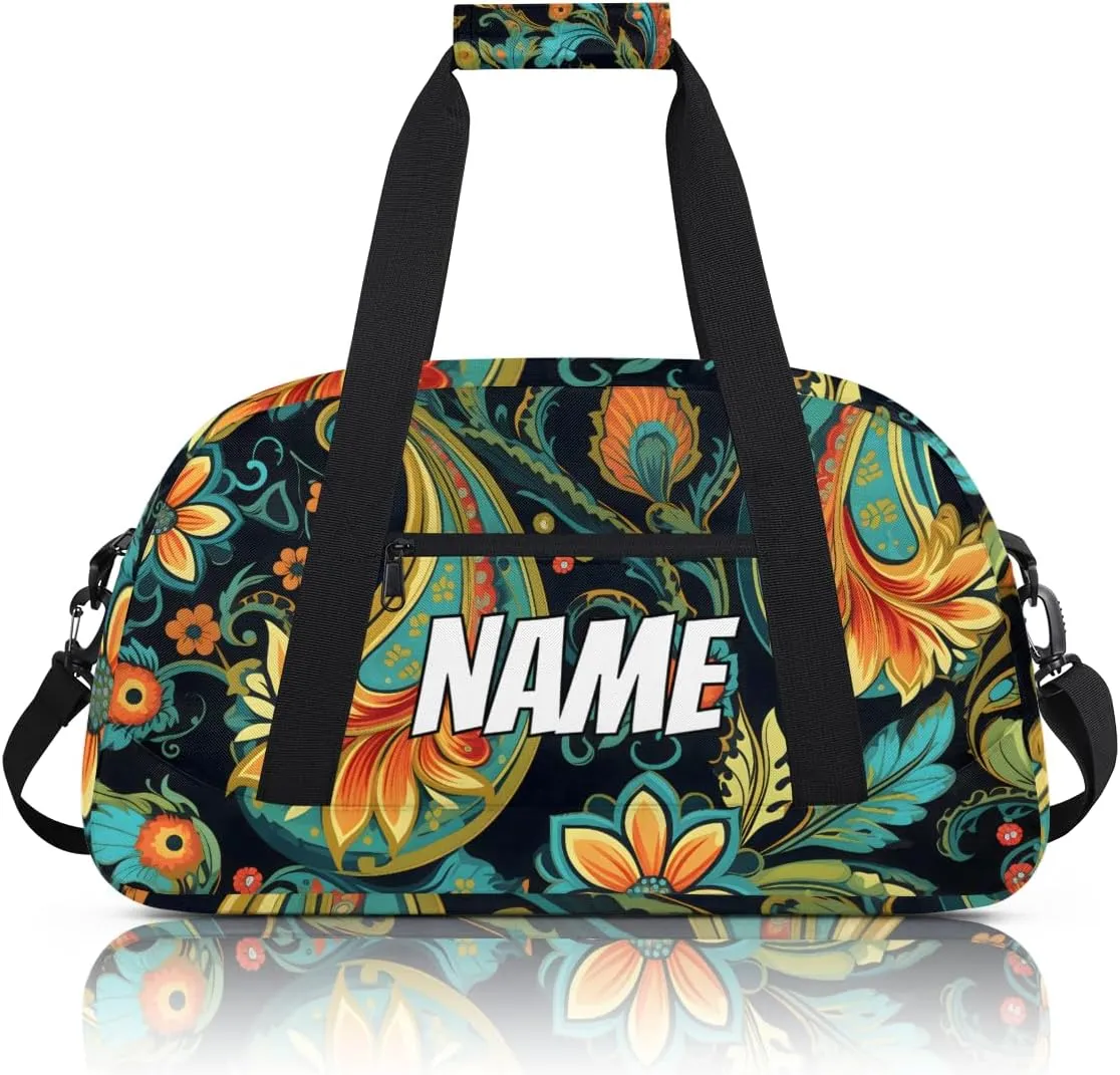 Personalized Custom Gym Bag for Women Men Carry on Paisley Flower Travel Duffel Tote Boho Floral Overnight Workout Weekender Bag