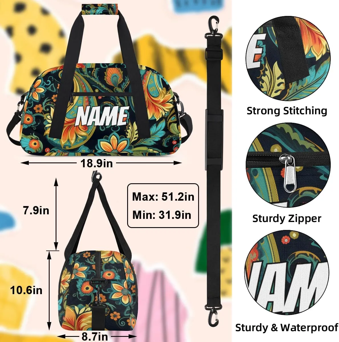 Personalized Custom Gym Bag for Women Men Carry on Paisley Flower Travel Duffel Tote Boho Floral Overnight Workout Weekender Bag