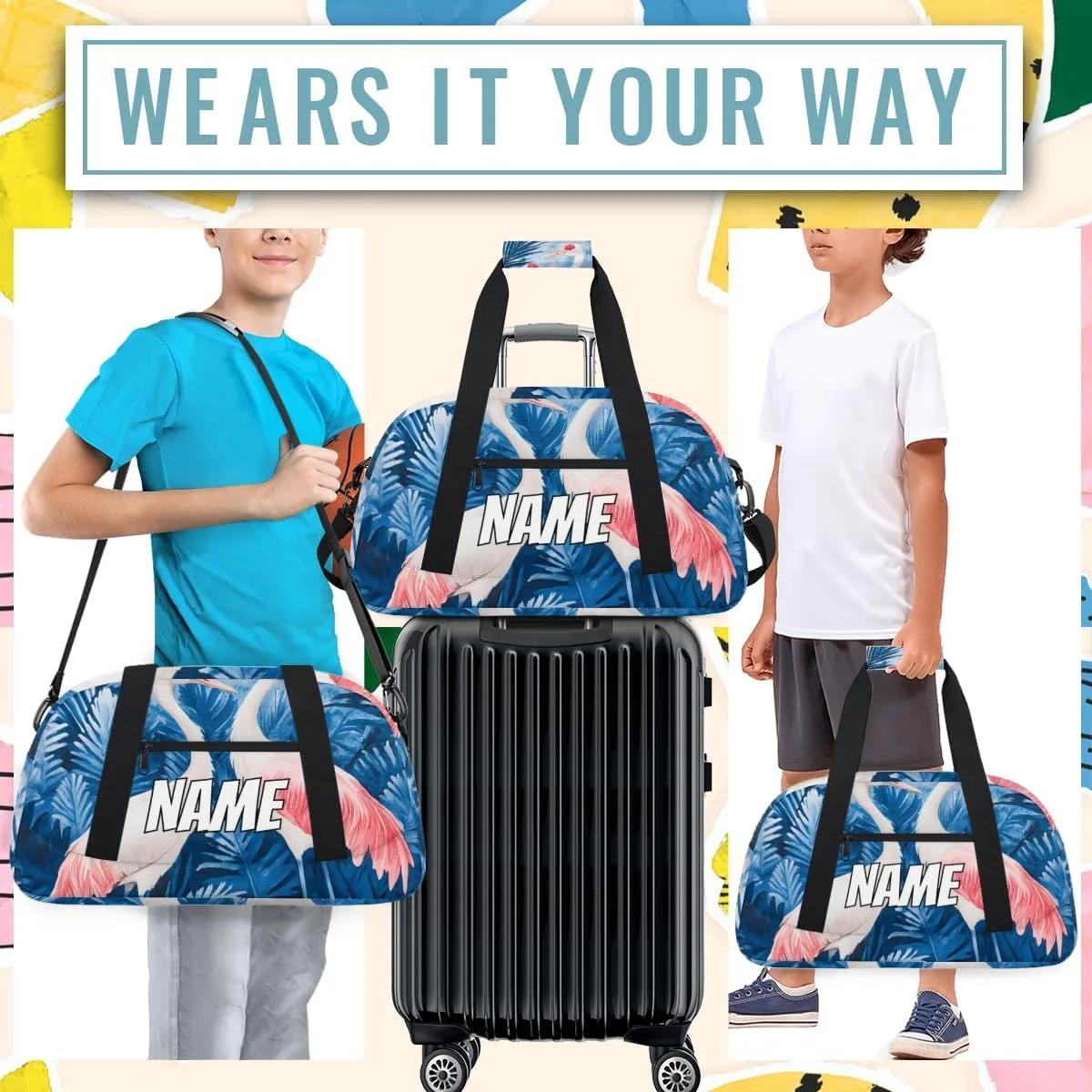 Personalized Custom Gym Bag for Women Men Carry on Pink Crane Travel Duffel Tote Tropical Plant Overnight Workout Weekender Bag