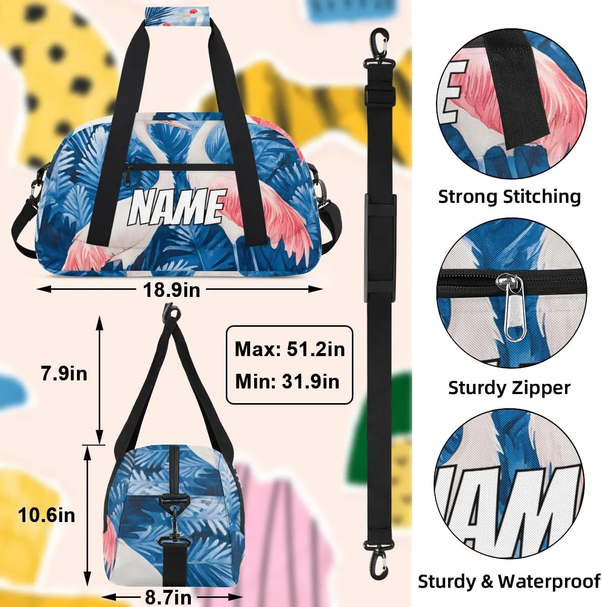 Personalized Custom Gym Bag for Women Men Carry on Pink Crane Travel Duffel Tote Tropical Plant Overnight Workout Weekender Bag