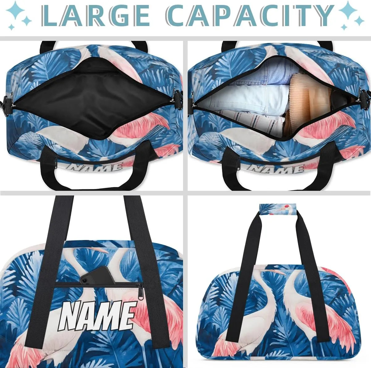 Personalized Custom Gym Bag for Women Men Carry on Pink Crane Travel Duffel Tote Tropical Plant Overnight Workout Weekender Bag