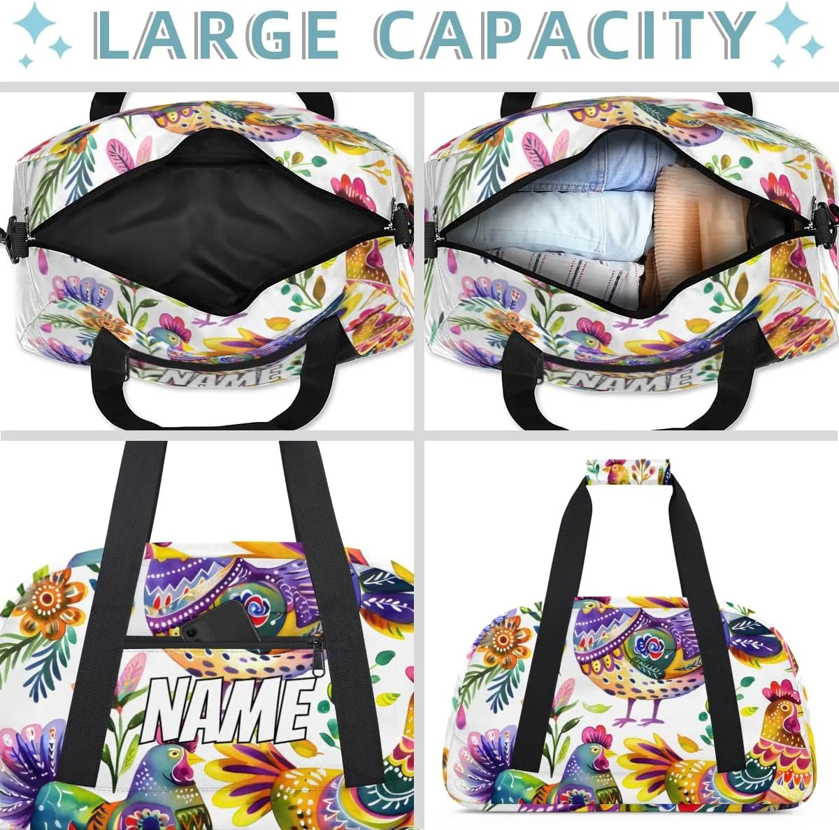 Personalized Custom Gym Bag for Women Men Carry on Rustic Rooster Travel Duffel Tote Farmhouse Animal Overnight Workout Weekender Bag