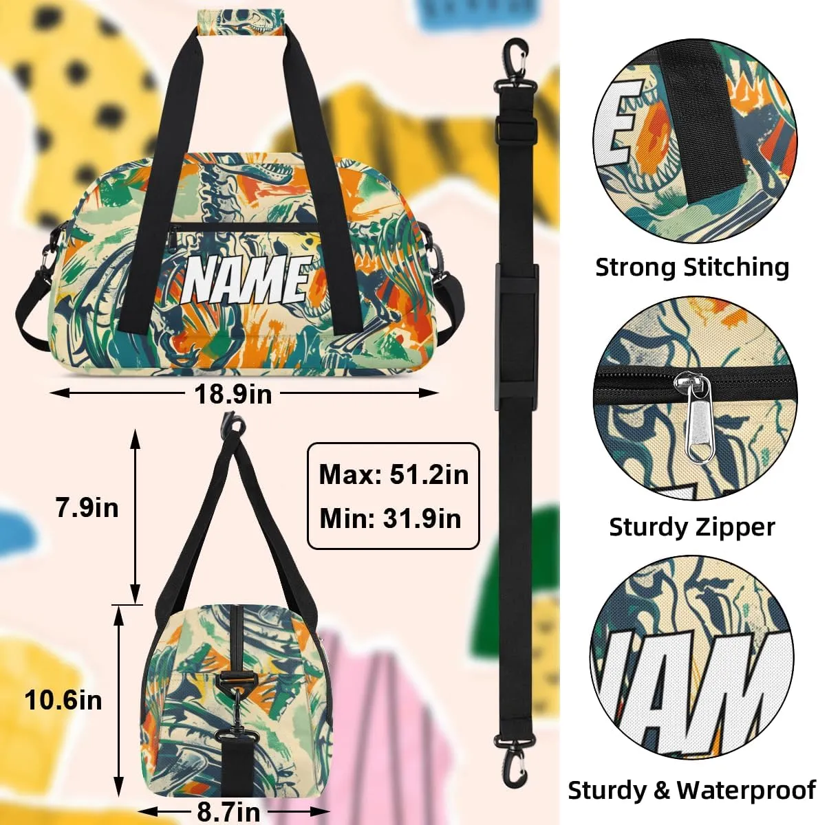 Personalized Custom Gym Bag for Women Men Carry on Skeleton Dinosaurs Travel Duffel Tote Colorful Historic Overnight Workout Weekender Bag