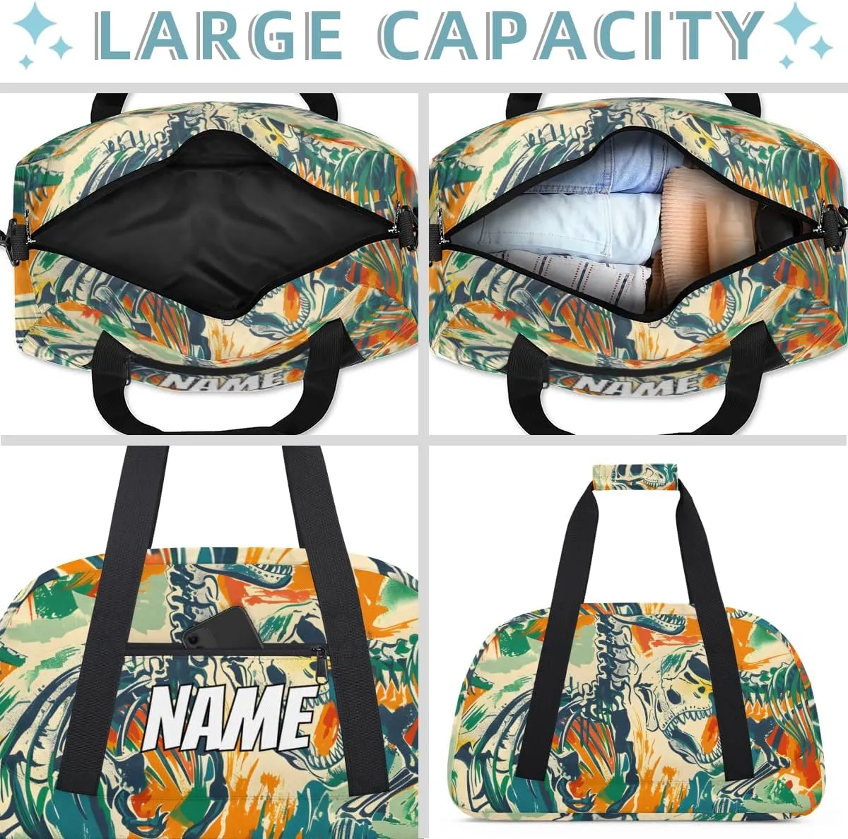 Personalized Custom Gym Bag for Women Men Carry on Skeleton Dinosaurs Travel Duffel Tote Colorful Historic Overnight Workout Weekender Bag