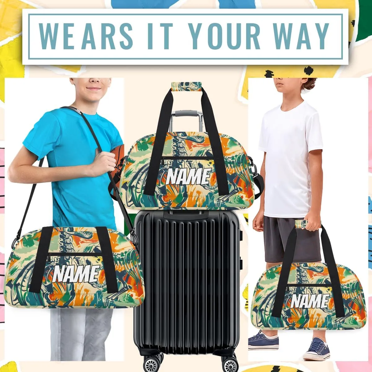 Personalized Custom Gym Bag for Women Men Carry on Skeleton Dinosaurs Travel Duffel Tote Colorful Historic Overnight Workout Weekender Bag