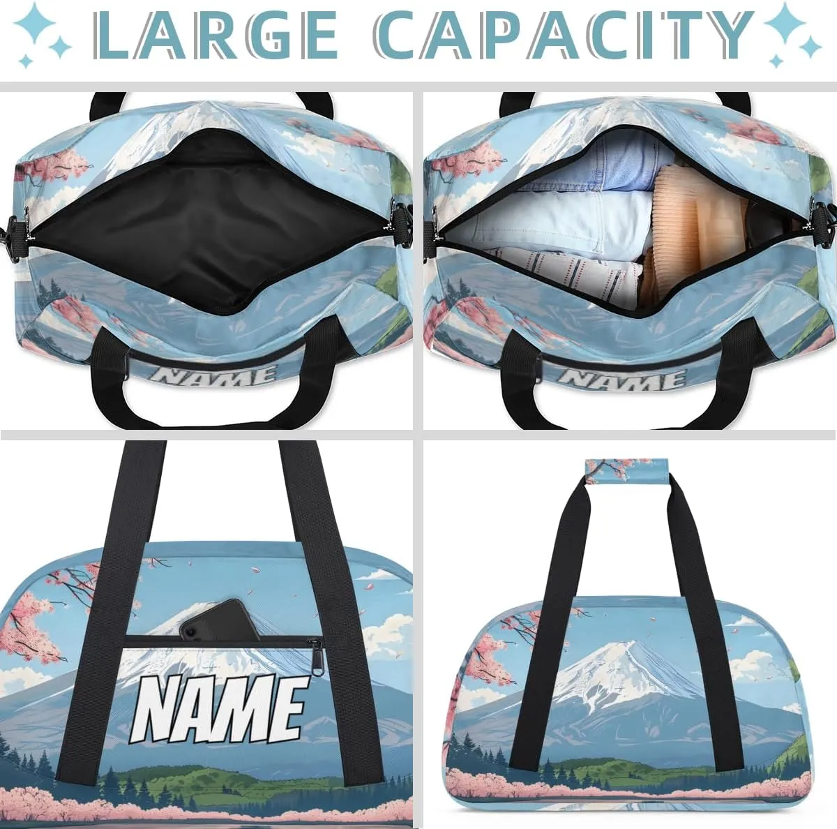 Personalized Custom Gym Bag for Women Men Carry on Snowy Mountain Travel Duffel Tote Flowering Cherry Overnight Workout Weekender Bag