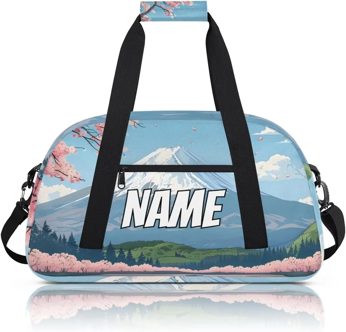Personalized Custom Gym Bag for Women Men Carry on Snowy Mountain Travel Duffel Tote Flowering Cherry Overnight Workout Weekender Bag